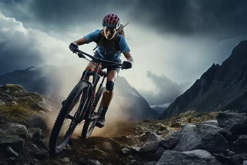 Gordijnen Young woman riding bicycle on mountain trail sport © Tony A