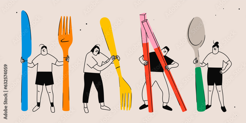 Wall mural Tiny people with giant kitchen Utensils. Person holding fork, knife, spoon, chopsticks. Cute isolated characters. Cartoon style. Hand drawn Vector illustration. Food service, restaurant concept