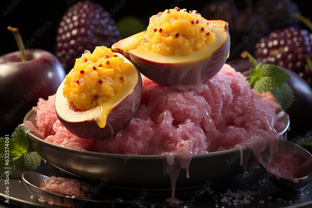 Aufkleber an image of a scoop of passion fruit sorbet nestled in a halved passion fruit shell, inviting a cool