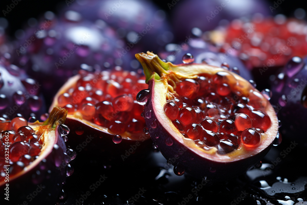 Poster a macro shot focusing on the texture and arrangement of passion fruit seeds, highlighting their uniq