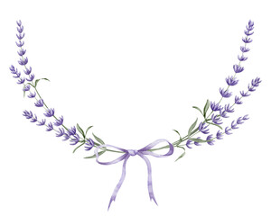 Lavender Wreath. Hand drawn watercolor illustration of round floral Frame with purple ribbon on white isolated background for greeting cards or wedding invitations. Template for postcards or logo.