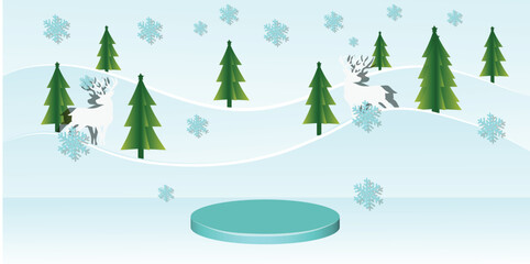 snow or christmas themed podium background with christmas tree and snow and reindeer

