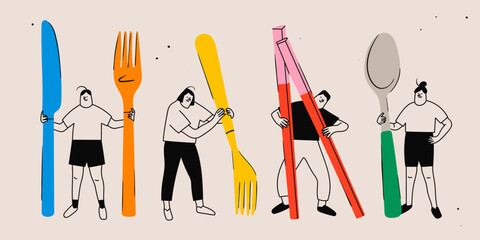Tiny people with giant kitchen Utensils. Person holding fork, knife, spoon, chopsticks. Cute isolated characters. Cartoon style. Hand drawn Vector illustration. Food service, restaurant concept - 632574059