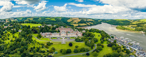 Panorama of Britannia Royal Naval College from a drone, Dartmouth, Devon, England
