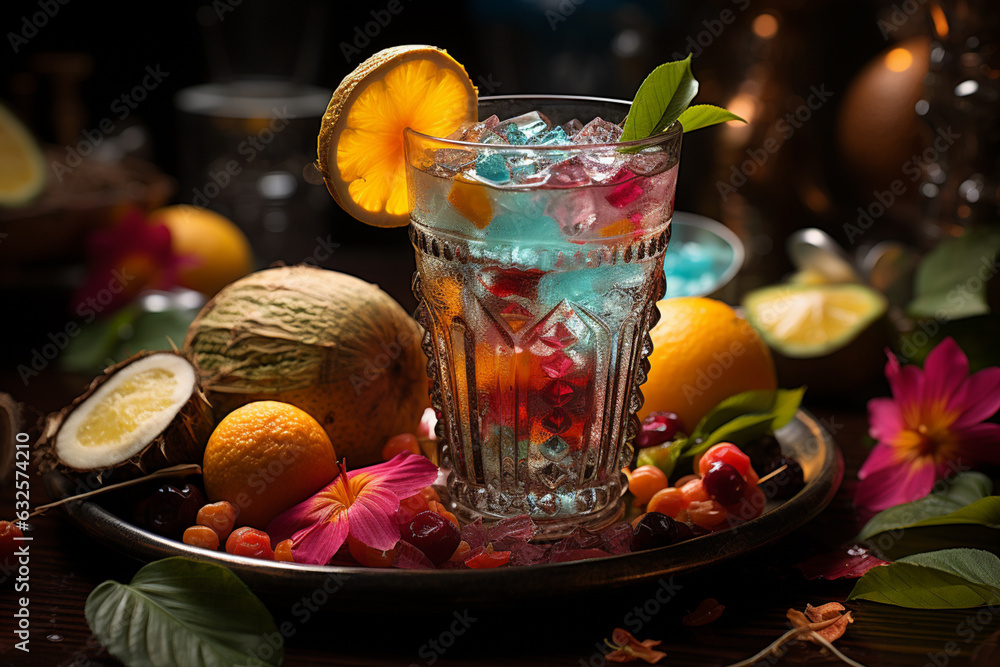Poster a creatively presented image of a coconut shell transformed into a tropical cocktail, garnished with