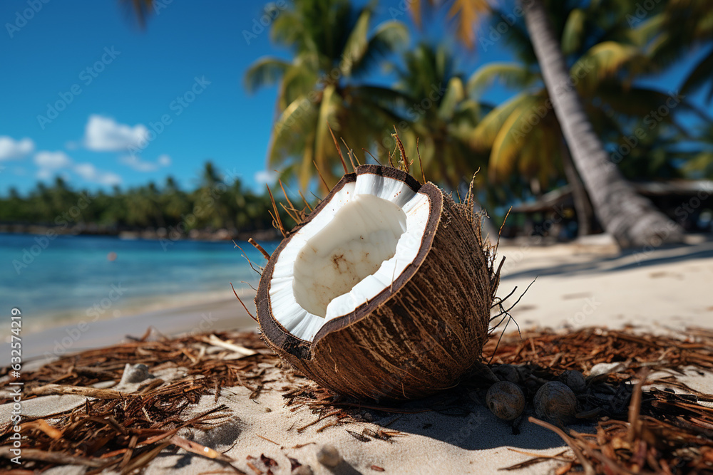 Aufkleber a single coconut resting on a pristine sandy beach, surrounded by turquoise waters and palm trees. g