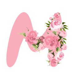 Floral alphabet font doodle letters with flowers and leaves 