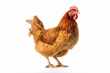 Farm fresh hen illustrating agriculture beauty. Single isolated chicken on white background