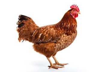 Fototapeta premium Farm fresh hen illustrating agriculture beauty. Single isolated chicken on white background