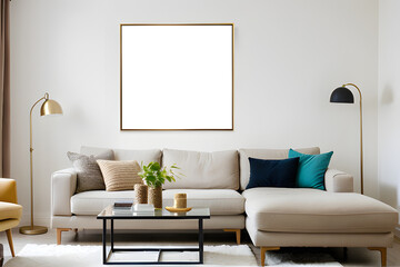 Square blank picture frame mock up in modern living room interior. Side view