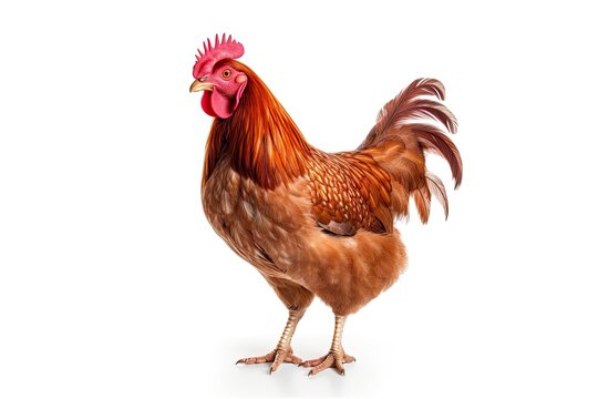 Farm fresh hen illustrating agriculture beauty. Single isolated chicken on white background