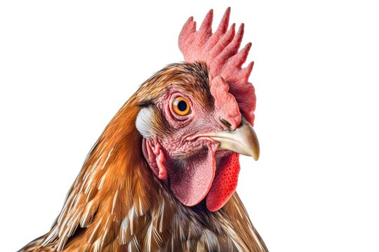 Farm fresh hen illustrating agriculture beauty. Single isolated chicken on white background
