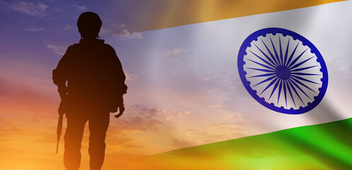 Silhouette of Soldier in sky background . India flag. National holiday .3d illustration