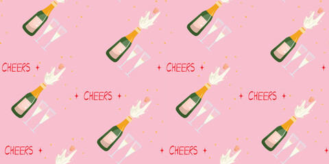 Pink seamless pattern with a bottle of champagne and glasses. Merry Christmas, Happy Valentine's pattern.