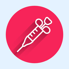 White line Syringe icon isolated with long shadow background. Syringe for vaccine, vaccination, injection, flu shot. Medical equipment. Red circle button. Vector