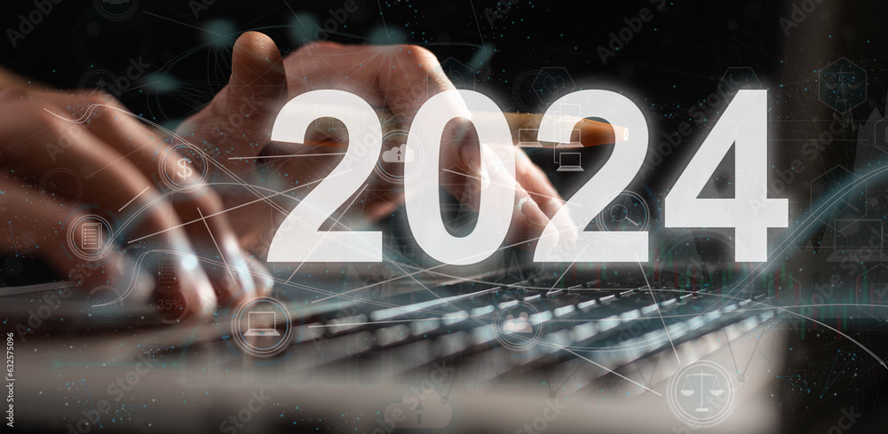 Aufkleber hand touching global network and data customer connection with the 2024 year on dark blue background