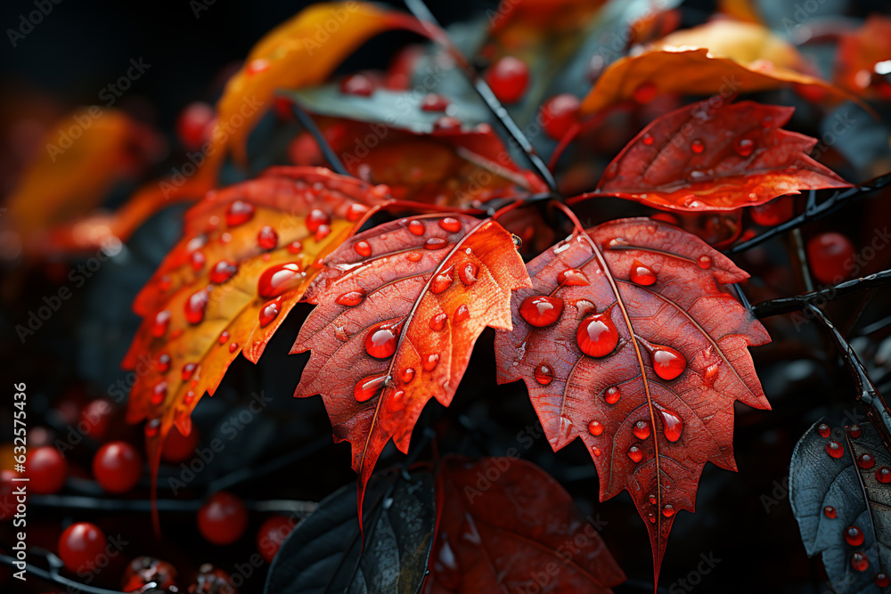 Poster a spider web adorned with colorful autumn leaves, blending nature's artistry with the spider's creat