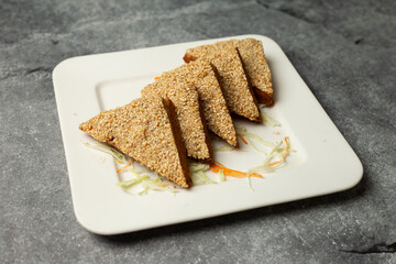Prawn On Toast with sesame seeds served in dish isolated isolated on background top view of...