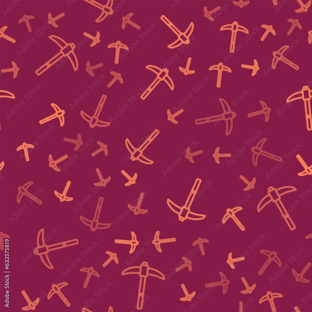 Poster brown line pickaxe icon isolated seamless pattern on red background. vector
