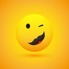 Smiling and Winking Male Emoji with Mustache - Simple Happy Emoticon on Yellow Background - Vector Design