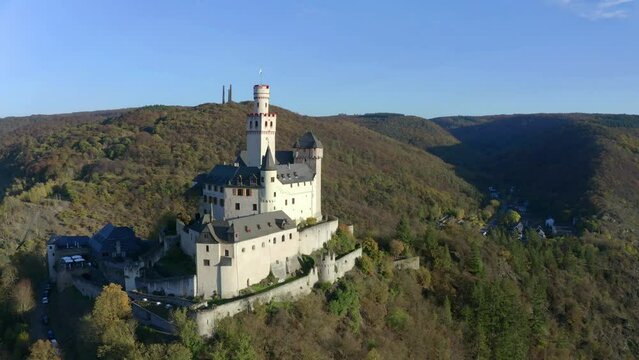 Aerial view of the Marksburg, medieval hilltop castle on the Middle Rhine, Braubach, Rhineland-Palatinate, Germany, Europe