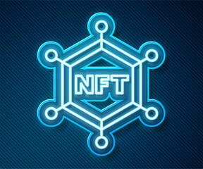 Glowing neon line NFT blockchain technology icon isolated on blue background. Non fungible token. Digital crypto art concept. Vector