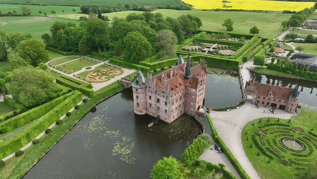 Aerial view, Denmark, Region Syddanmark, Kvaerndrup, Egeskov Castle with park, Renaissance garden, Europe