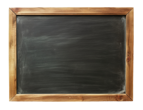 Blank blackboard in wooden frame isolated on transparent or white background, png