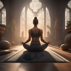 A woman is doing Yoga, a meditation about her life, trying to calm herself down with sunlight shining in the room.