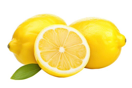 Lemons and green leaves isolated on white transparent background, Yellow ripe citrus fruits, closeup, PNG,