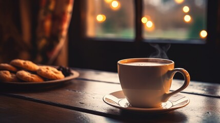 Obraz premium Steamy hot cup of espresso coffee on an old rustic wooden table, chocolate chip cookies, warm cozy stone fireplace, relaxing ambience, delightful cottage, peaceful atmosphere, autumn, generative ai