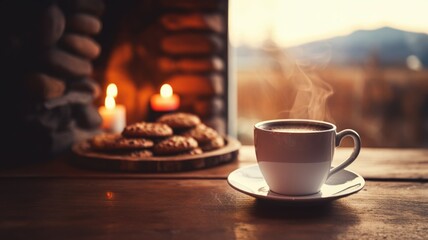 Obraz na płótnie Canvas Steamy hot cup of espresso coffee on an old rustic wooden table, chocolate chip cookies, warm cozy stone fireplace, relaxing ambience, delightful cottage, peaceful atmosphere, autumn, generative ai