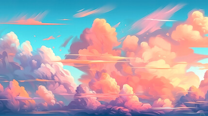 Watercolor illustration of blue sky and clouds at sunset , generative AI.