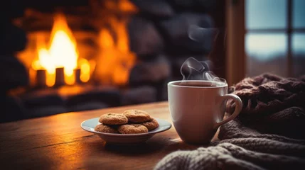  Steamy hot cup of espresso coffee on an old rustic wooden table, chocolate chip cookies, warm cozy stone fireplace, relaxing ambience, delightful cottage, peaceful atmosphere, autumn, generative ai © SoulMyst