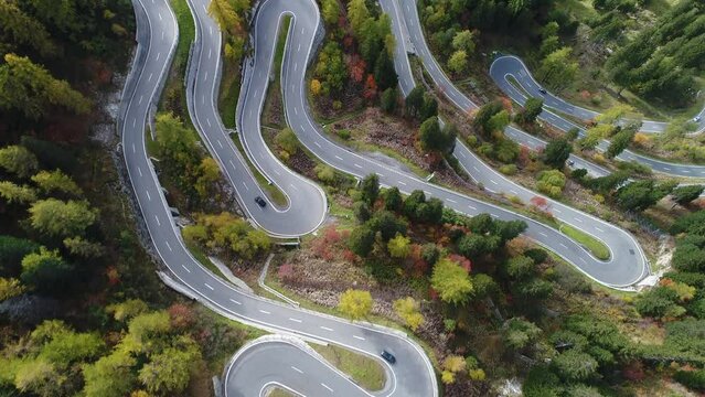 Traffic on the Maloja Pass with autumnal trees, drone shot, Maloja, Engadin, Graubuenden, Switzerland, Europe