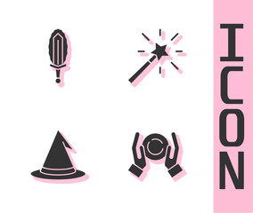 Set Magic ball on hand, sword in fire, Witch hat and wand icon. Vector
