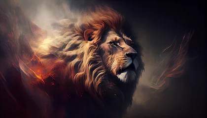 Foto op Plexiglas Lion of Judah, exuding strength and power. Christian conceptual illustration, lion in the sunset, Ai generated image  © FH Multimedia
