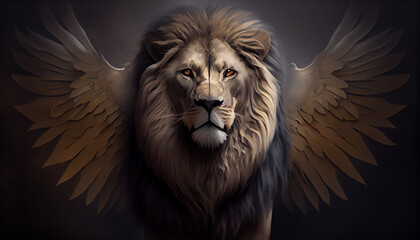 Lion of Judah, exuding strength and power. Christian conceptual illustration, lion in the sunset, Ai generated image 