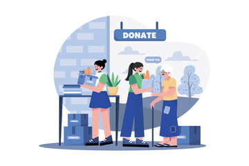 Group of volunteers giving charity gifts to the poor