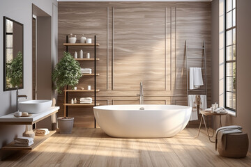 Fototapeta na wymiar Home decor with white bathtub and white marble illuminated by gentle light coming through the window to create a modern bathroom soothing space.