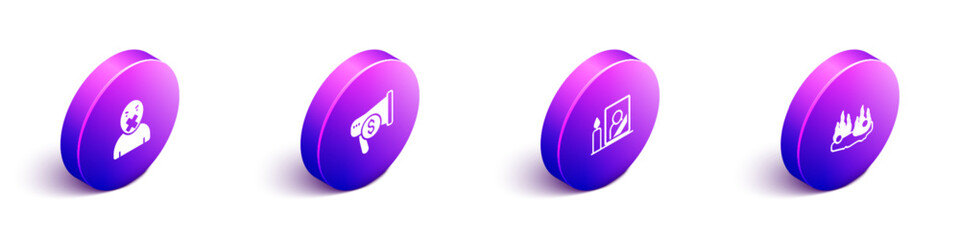 Set Isometric Censor and freedom of speech, Megaphone dollar, Mourning photo frame and Burning car icon. Vector