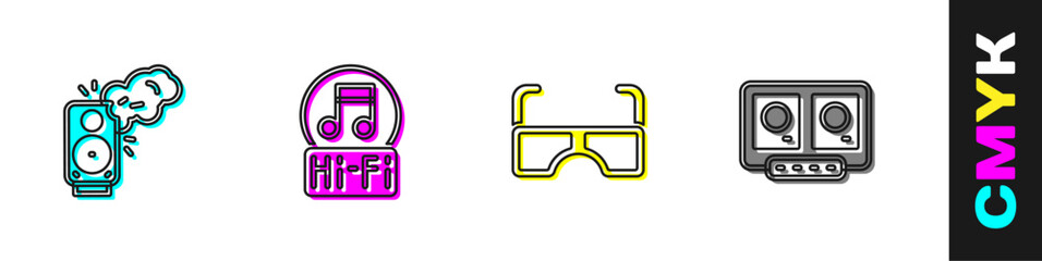 Set Stereo speaker, Music note, tone, Glasses and DJ remote and mixing music icon. Vector
