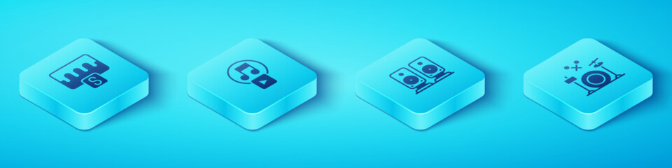 Set Isometric Music wave equalizer, Play in square, Drums and Stereo speaker icon. Vector