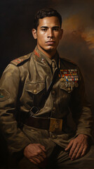 Obraz premium Portrait of a serious South American soldier in uniform, embodying dedication and professionalism. This depiction reflects the soldier's commitment and resolute demeanor