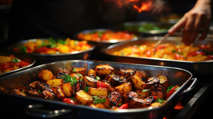 Assorted dishes displayed at a buffet restaurant with a variety of cuisines. - obrazy, fototapety, plakaty