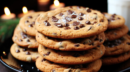 Homemade chocolate chip cookies freshly baked on a tray. - obrazy, fototapety, plakaty