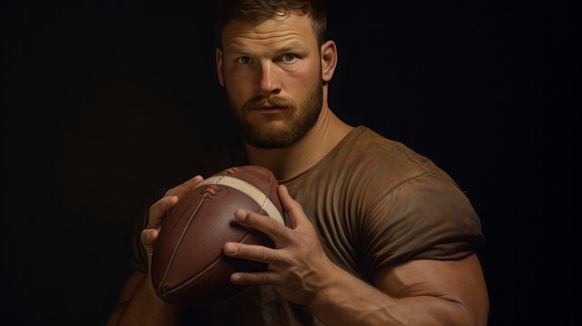 photorealistic, strength athletes holds an american football into the camera, high quality, 16:9 , copy space