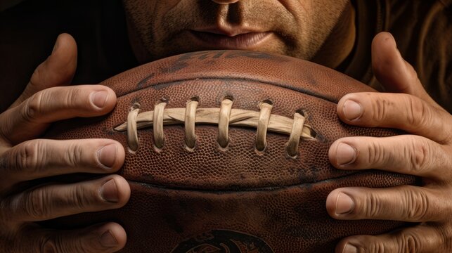 photorealistic, strength athletes holds an american football into the camera, high quality, 16:9 , copy space