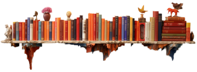 Full shelf with books with transparency. Generative AI