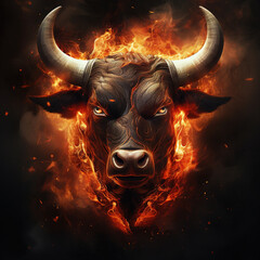 Image of an angry bull head with a burning fire on black background. Wildlife Animals. Illustration, Generative AI.